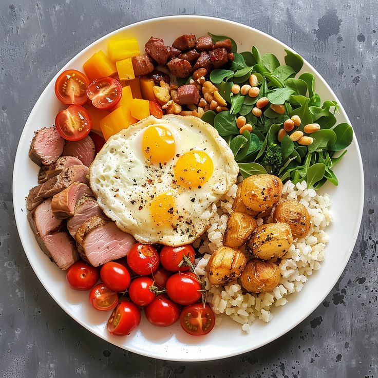 Illustration of a balanced plate with grains greens and protein